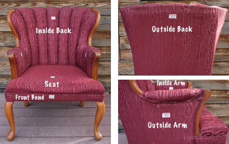 Three views of labeled chair ready for upholstery deconstruction
