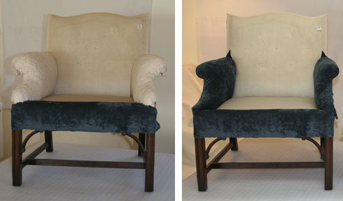 2 views showing first steps in applying upholstery cover fabric