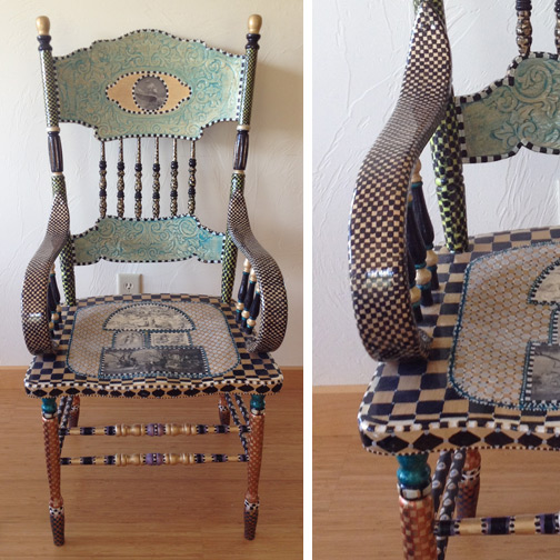 vintage art chair with hand-painted checkerboard arm detail
