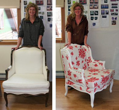 DIY upholstery student with her chair - before & after