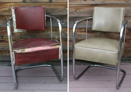 2 images: chrome-framed chair before & after reupholstery