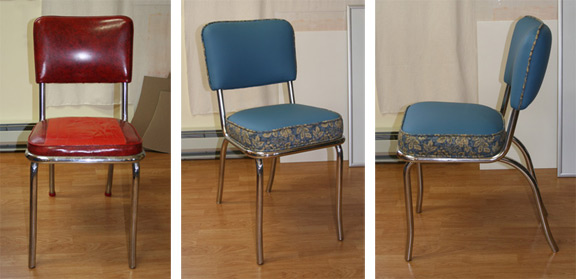 3 chair images: 1 before, 2 after re-upholstery