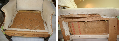 two photos of antique chair stripped of upholstery