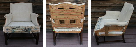three views of a deconstructed antique chair