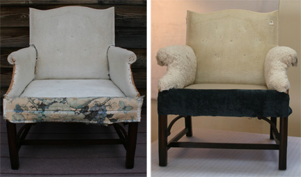 2 photos of upholstered chair - original horsehair base & cotton padding added to arms