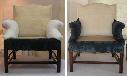 2 photos of upholstered chair - dacron batting added to arms & final fabric layer applied over dacron