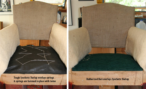 2 photos of chair seats with upholstery padding layers labeled