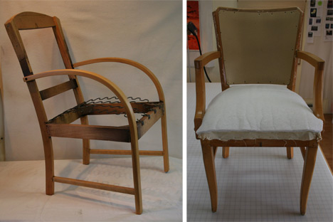 two chair frames stripped of upholstery padding