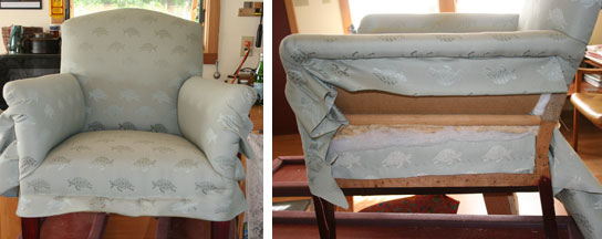 2 views - applying upholstery cover fabric to inside arms & back