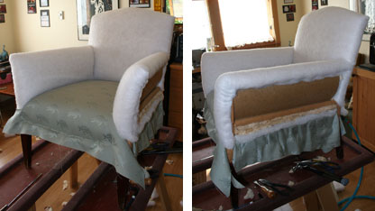 2 views showing first step in applying upholstery cover fabric