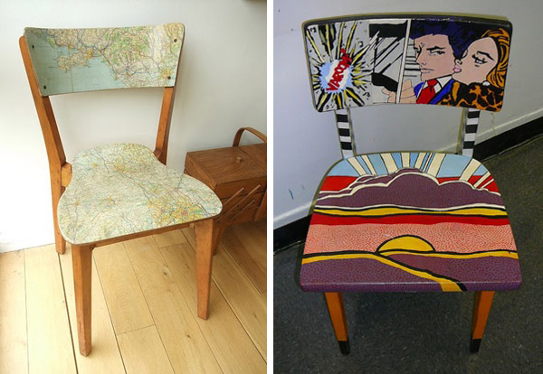 2 chairs with maps & comics applied