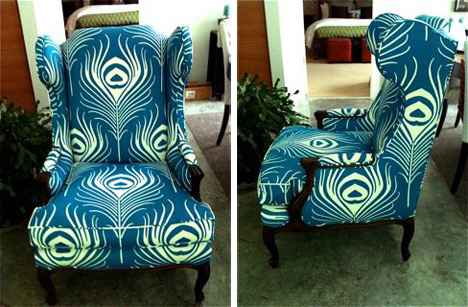 2 views of blue feather fabric on chair