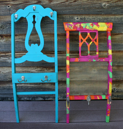 Paint or decoupage transforms 2 chair backs into colorful functional place to hang things 