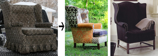 worn wingback chair with 2 upholstery style options