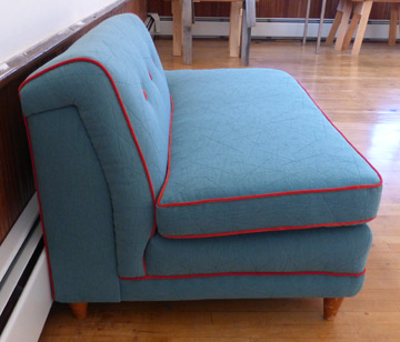 Retro-weave turquoise wool with flame orange velvet piping