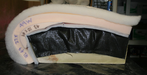 Side view of a bench seat upholstery project