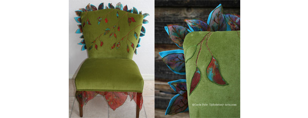green velvet boudoir chair with red silk leaves appliquéd