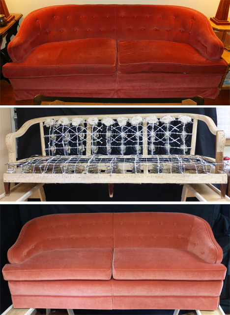 orange velvet sofa reupholstered by Carla Pyle of Living Home Furniture/Upholstery Arts - before, springs retied, and after