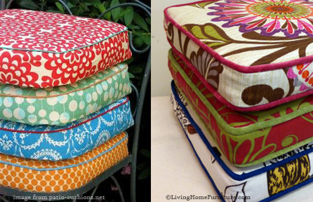 bright multi-colored cushions pop with contrasting piping