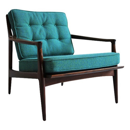 mid century chair - clean design - tufted teal cushions