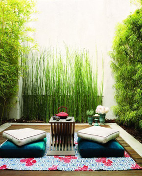 solid color meditation cushions compliment the asian aesthetic with bamboo greenery