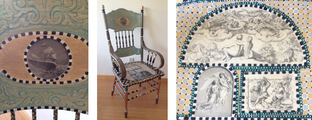 Repurposed vintage chairs make unique canvas for DIY decoupage, collage and hand painting