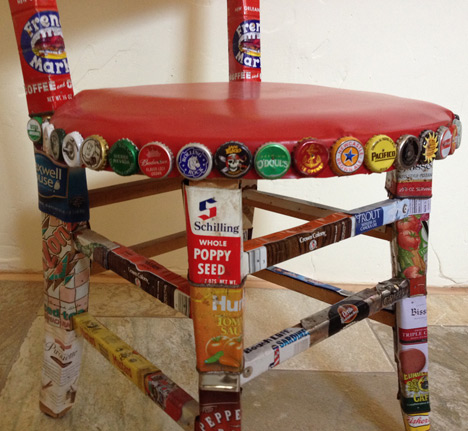 Chair seat decorated with bottle caps + spice can-wrapped legs
