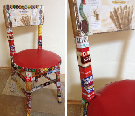 Art chair decorated with old spice & food tins